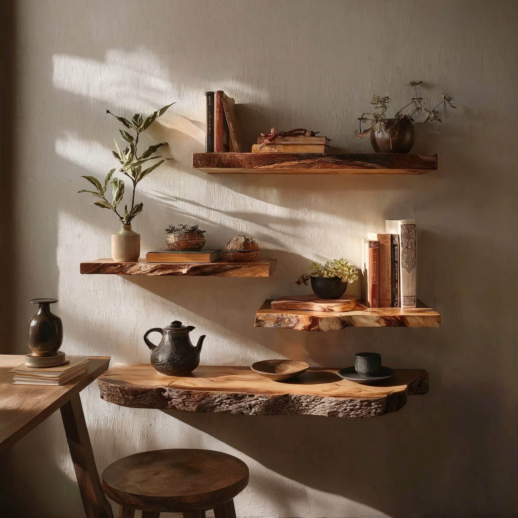 Rustic Floating Corner Wall Shelf – Live Edge Wooden Shelf for Home & Aquarium Decor