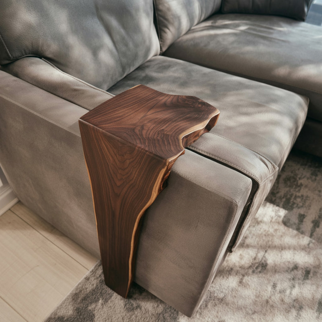 Handmade Solid Wood Sofa Arm Table – Farmhouse Couch Storage, Reclaimed Wood Armrest Shelf