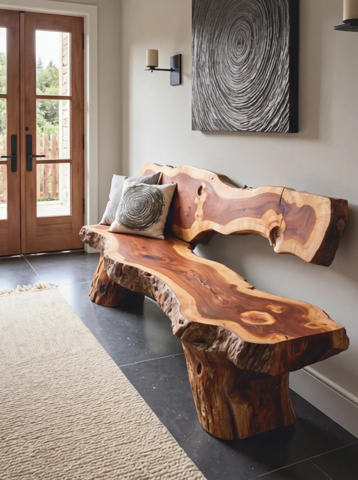 Live edge solid wood bench with natural finish in a modern entryway, sustainable furniture