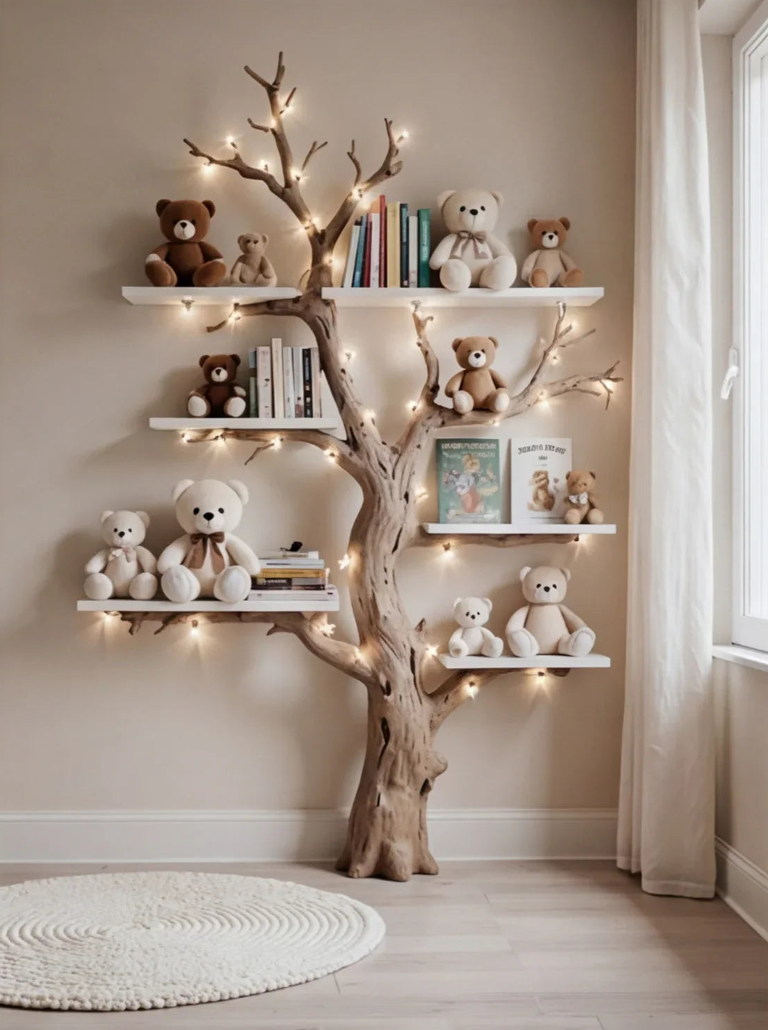 Tree-shaped bookshelf with lights, teddy bears, and books in a cozy kids' room