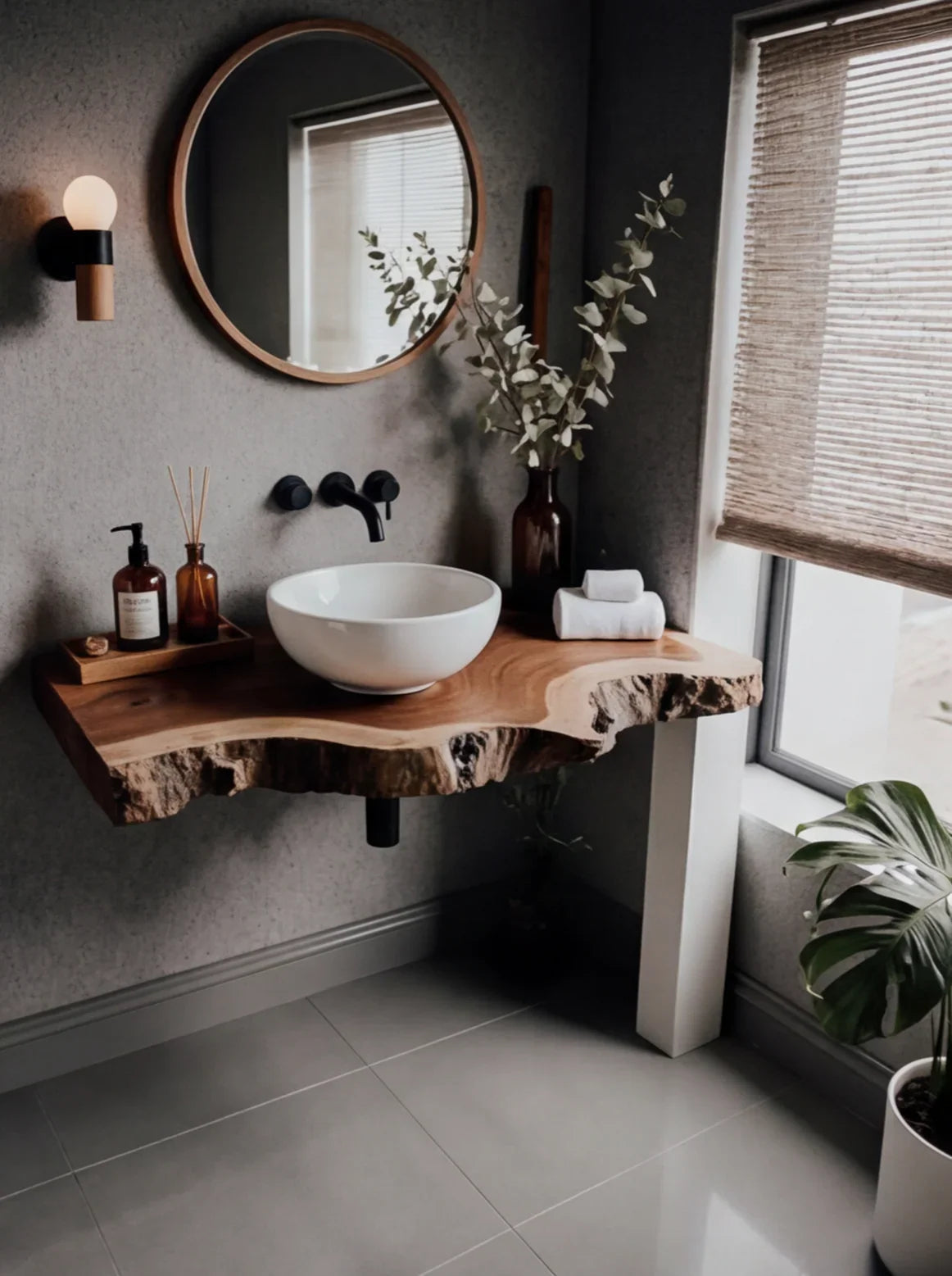 Live edge solid wood bathroom vanity with vessel sink, round mirror, and minimalist decor