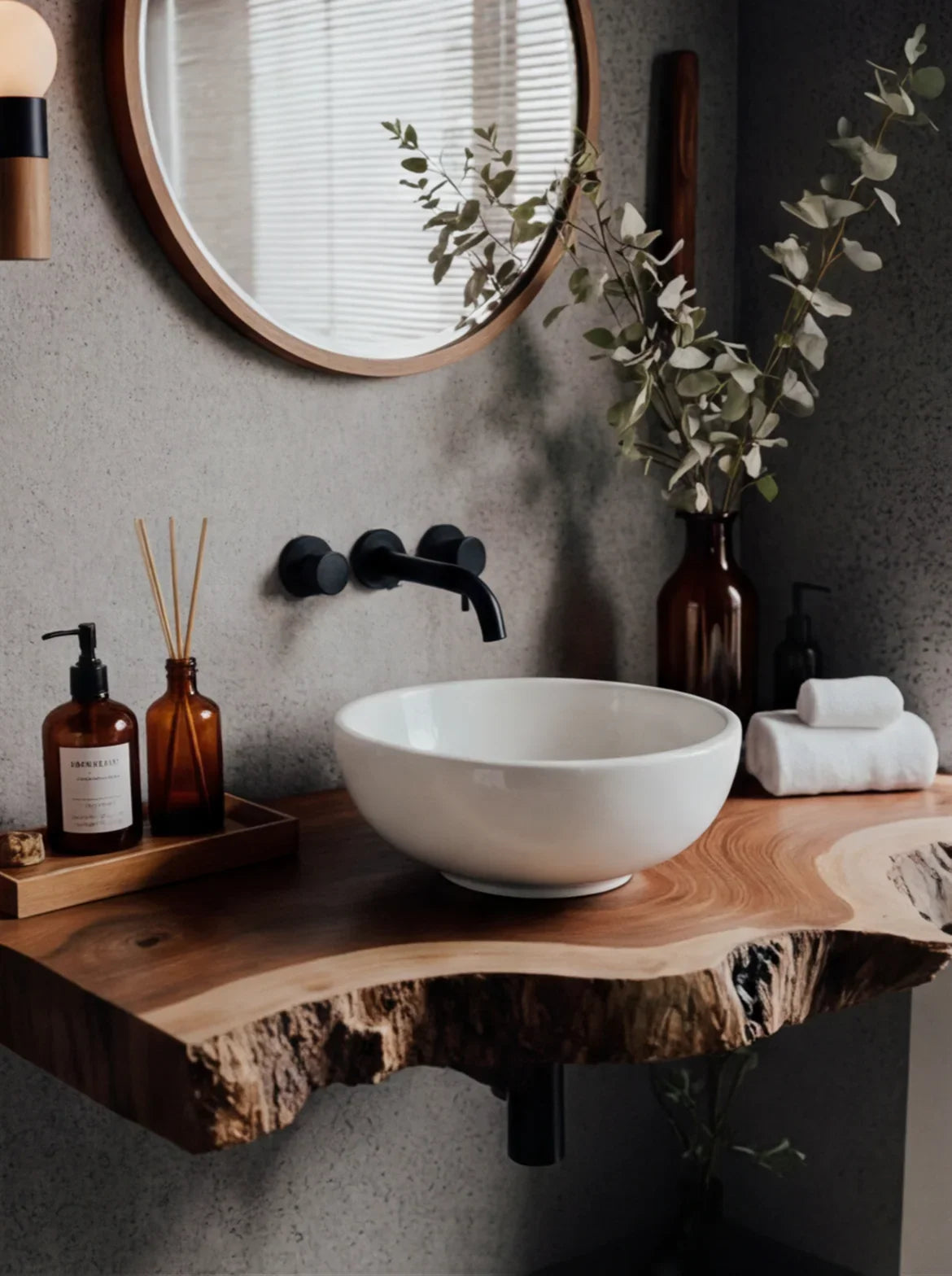 Live edge wood vanity with round vessel sink, modern faucet, and minimalist bathroom decor