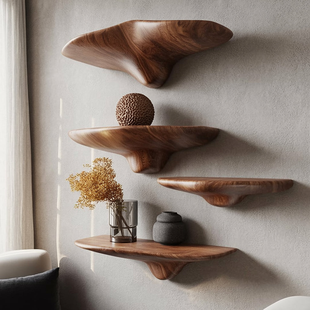 Organic Sculpted Wooden Floating Shelves – Handcrafted Modern Wall Art Storage