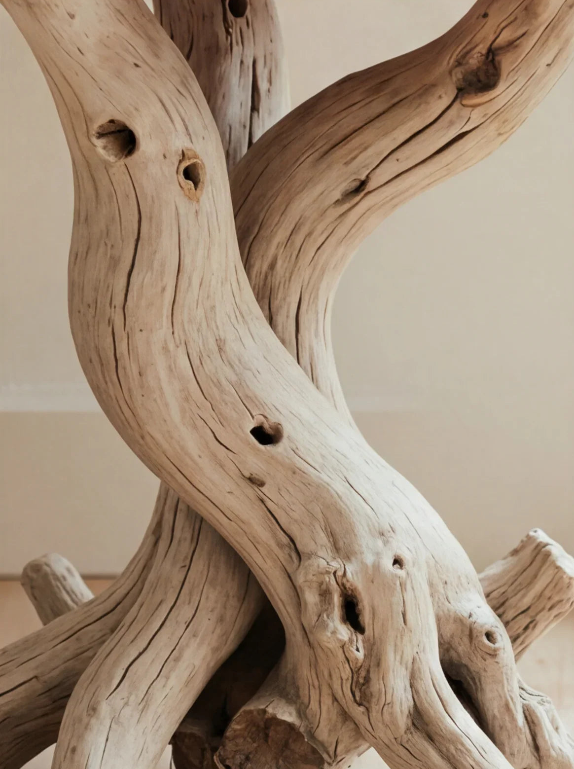 Sustainably crafted twisted solid wood branches with natural grain and knots, close-up