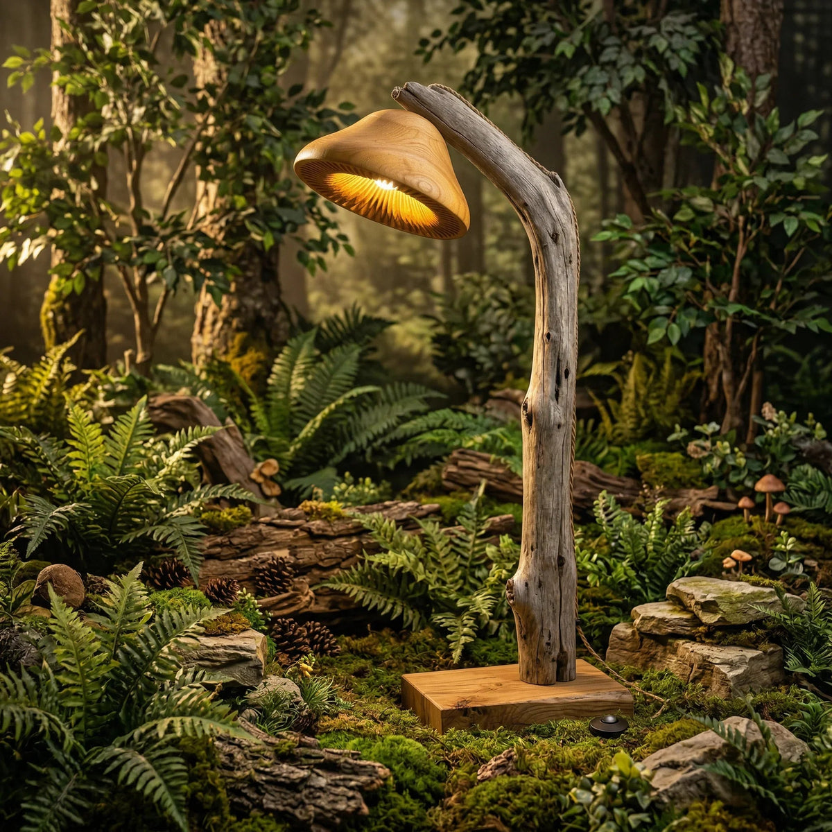 Sustainably crafted driftwood floor lamp with solid wood base and mushroom-shaped shade in a woodland setting
