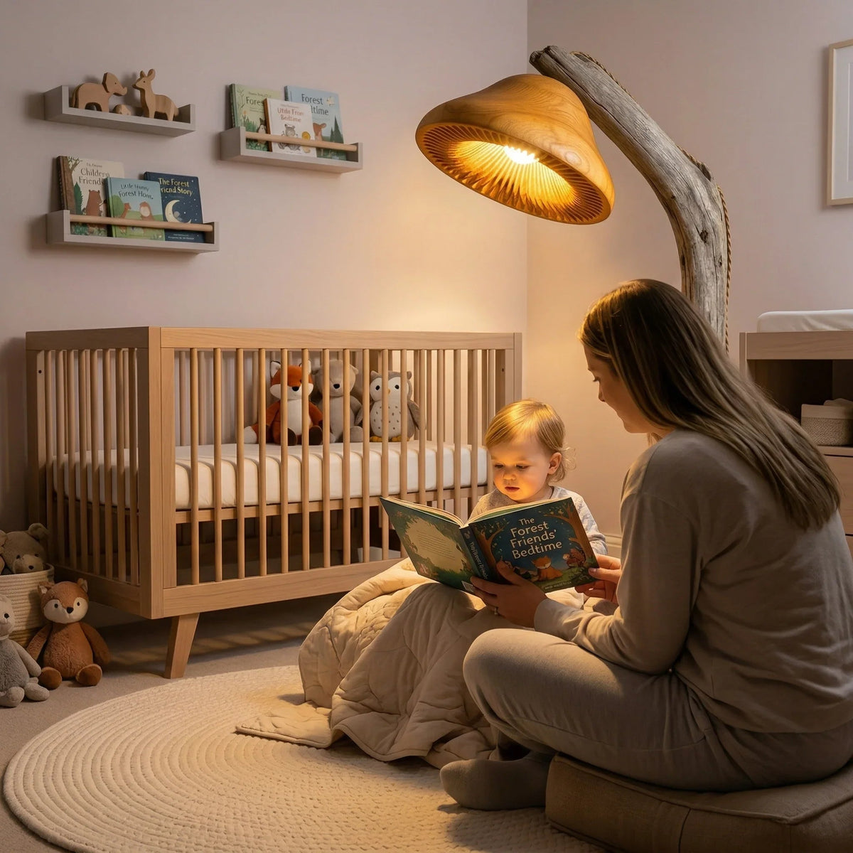 Driftwood mushroom floor lamp with tilted wood cap and braided cord in cozy nursery setting