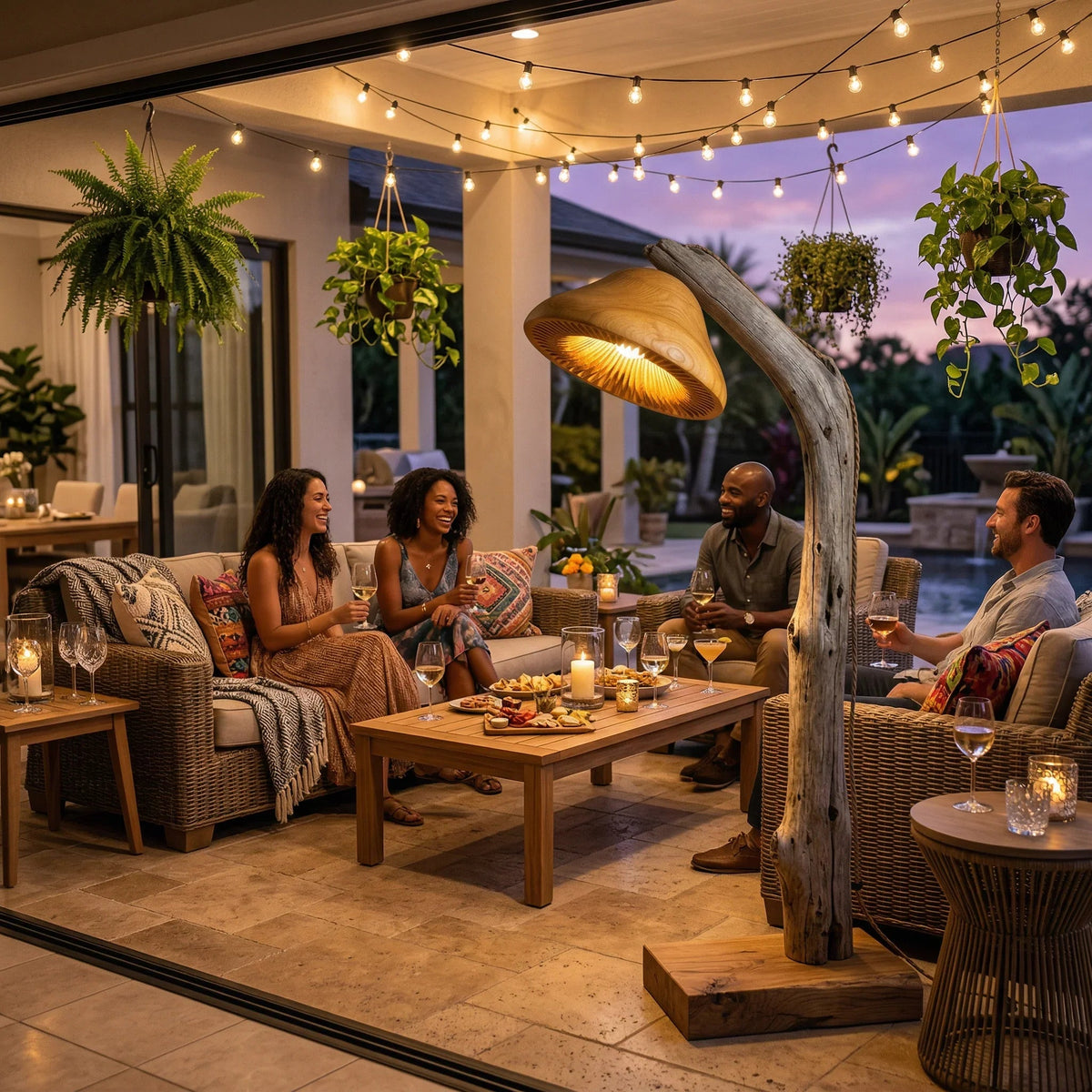 Arc driftwood mushroom reading floor lamp with glowing cap and solid oak block base on a patio with friends gathering at sunset.