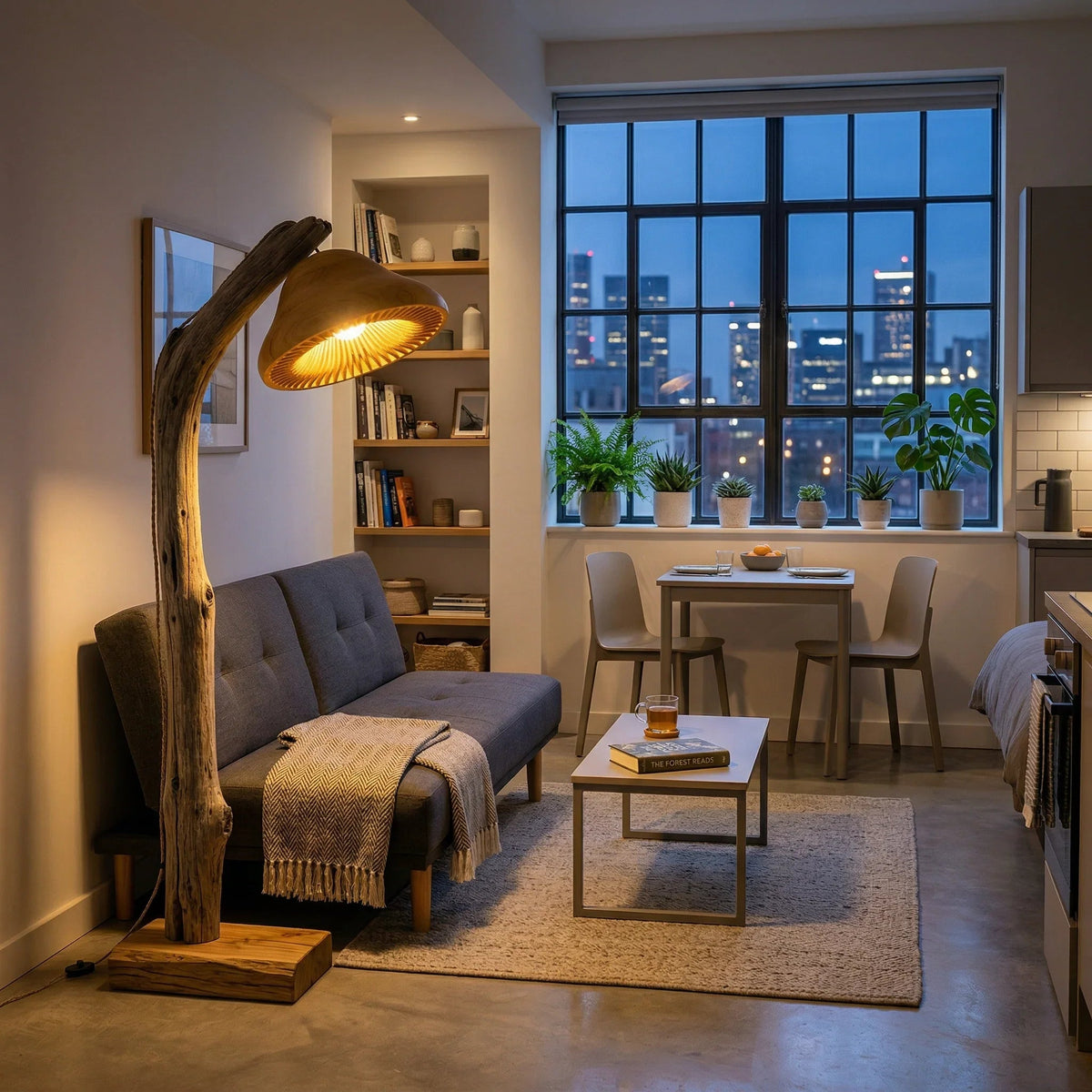 Driftwood reading floor lamp with mushroom-inspired shade and solid oak base in cozy living room