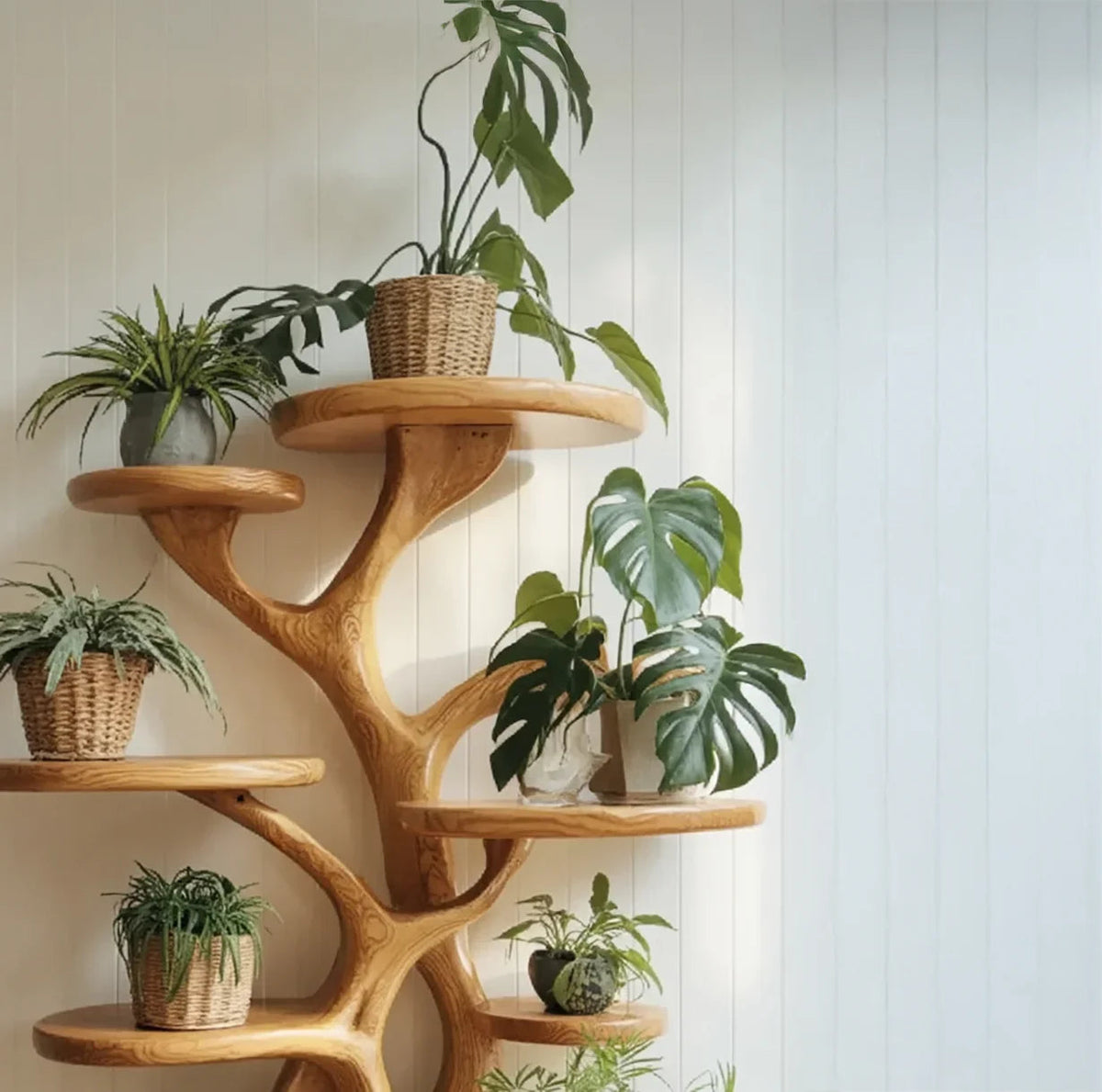 Artisan Sculptural Tree Plant Stand | Hand-Carved Solid Wood Indoor Display