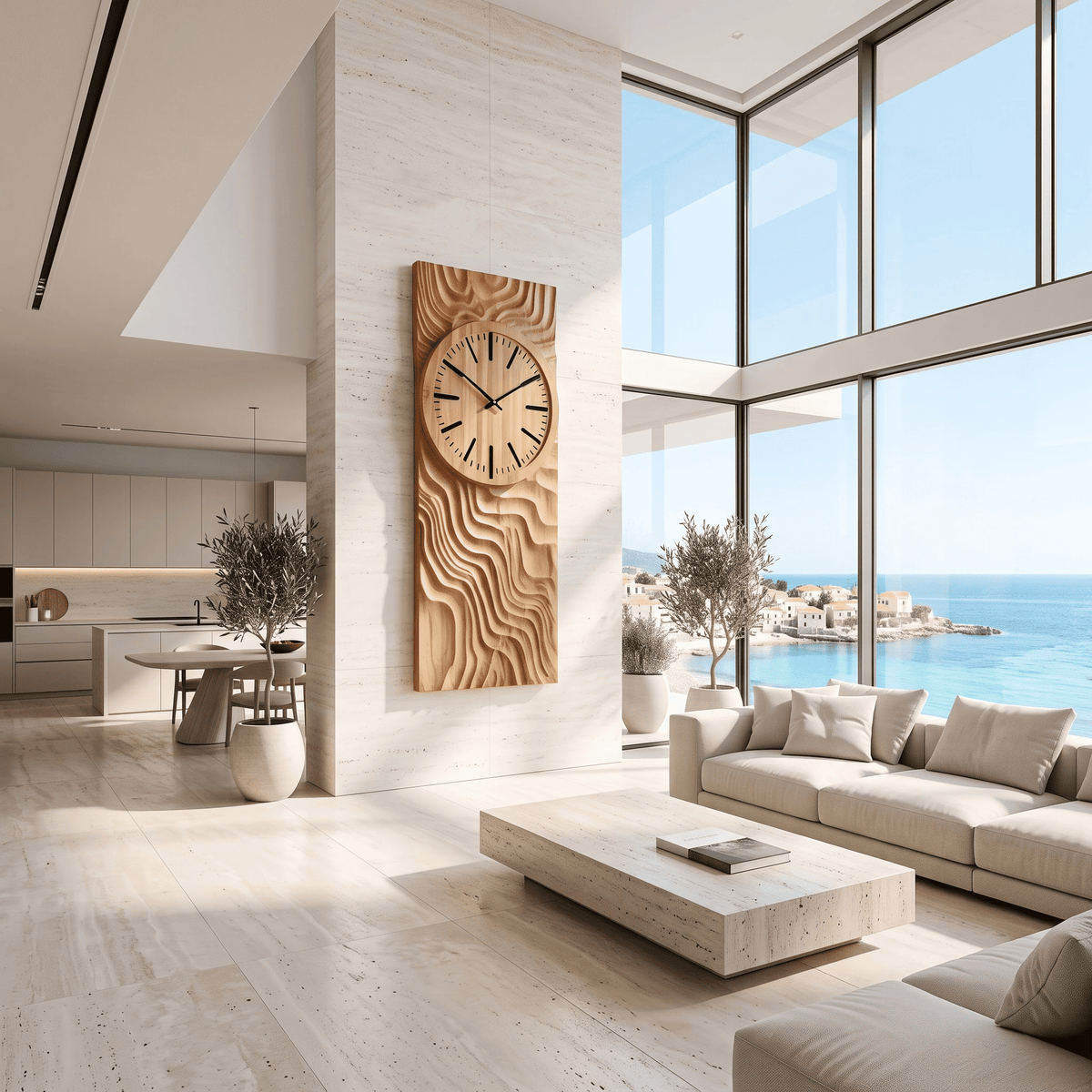 Sculptural solid wood organic wall clock displayed in an elegant living room