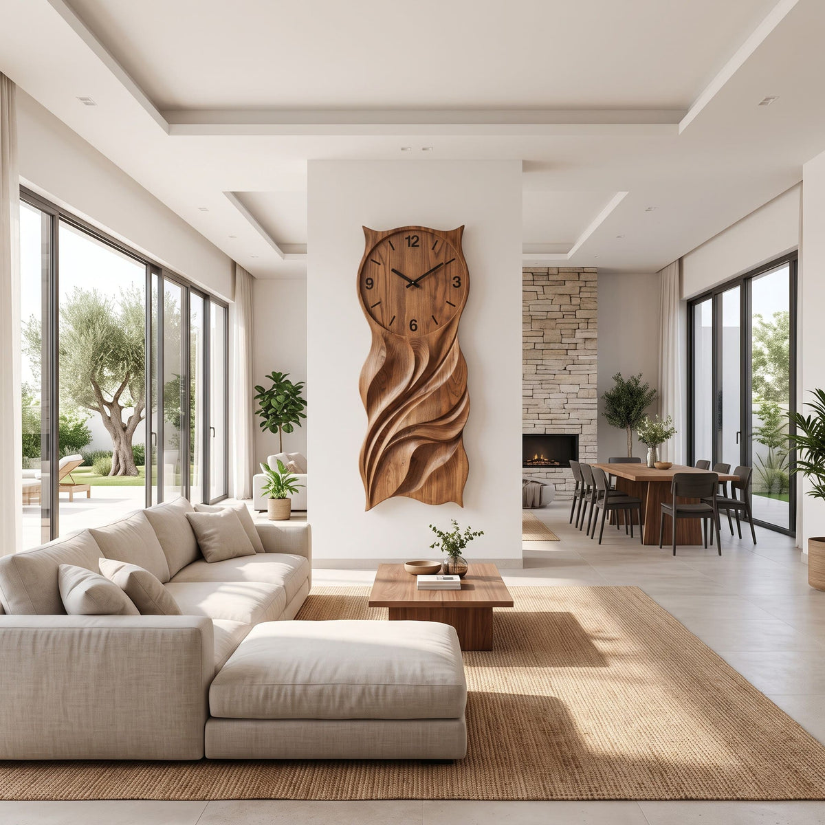 Artisanal solid wood owl silhouette wall clock panel in a contemporary living room