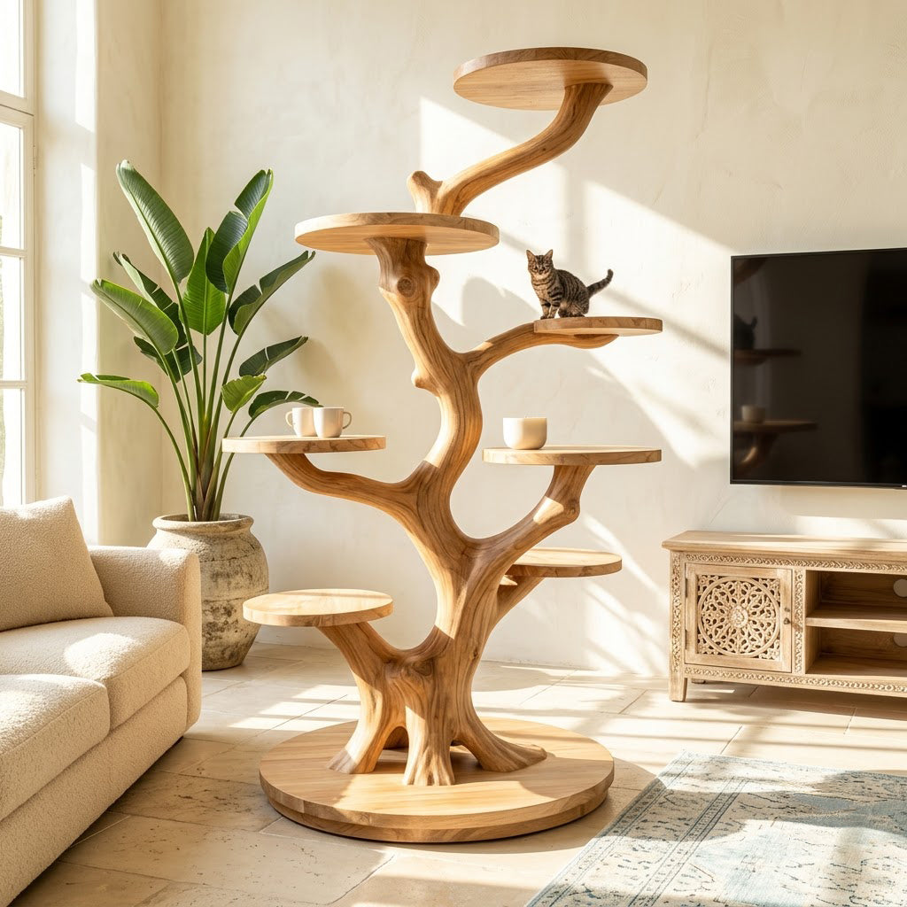 Sculptural natural wood multi-tier cat perch stand for an aesthetic pet-friendly living room
