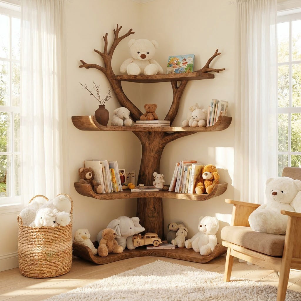 Organic solid wood tree bookshelf displayed in a cozy children's reading nook