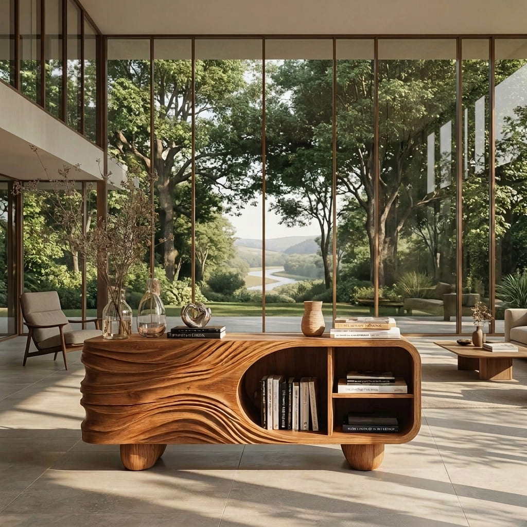Artistic carved sideboard crafted from premium solid wood with open shelving