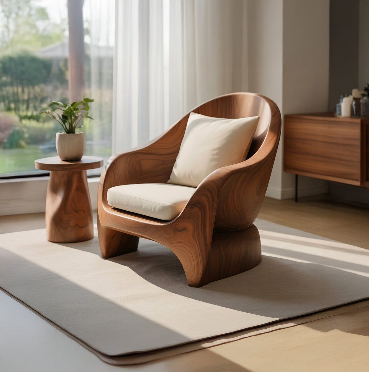 Organic wood lounge chair with artistic open carved frame