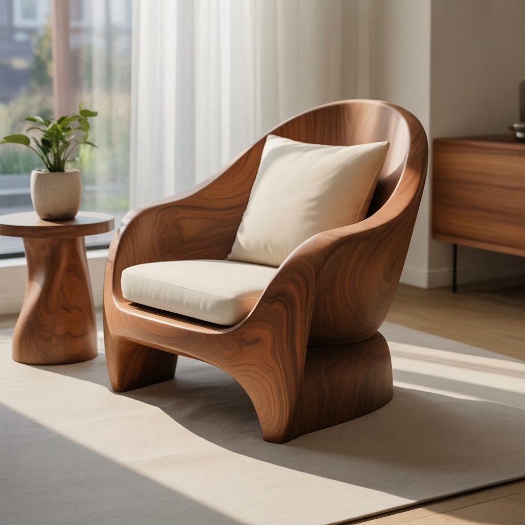 Organic modern lounge chair with curved wooden silhouette