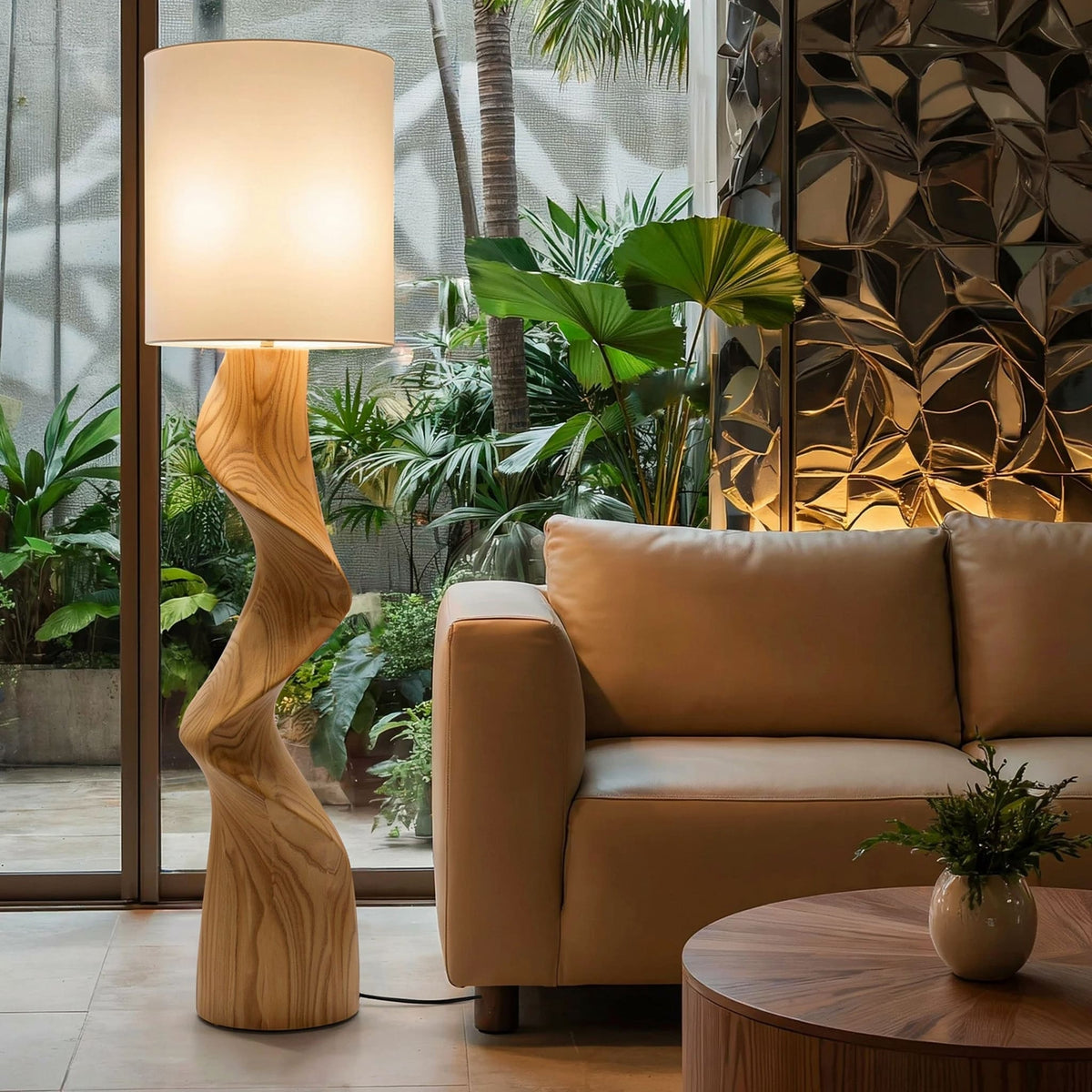 Artistic organic twisted solid wood floor lamp handcrafted from natural hardwood