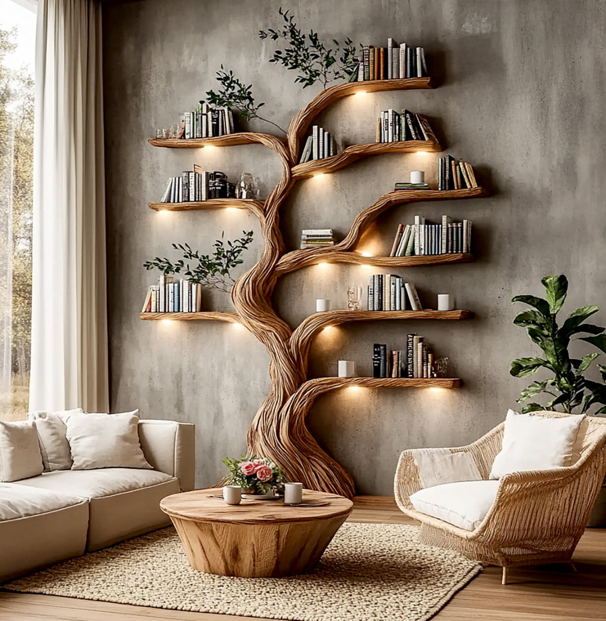 Solid wood tree bookshelf with lights behind a wooden coffee table