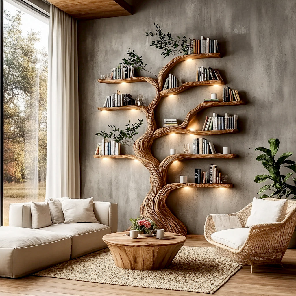 Solid wood tree bookshelf with lights behind a wooden coffee table