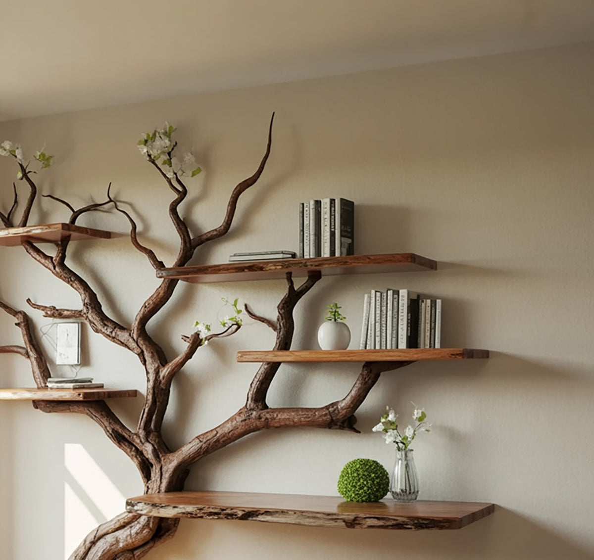 Floating tree bookshelf mounted on a beige wall with rustic live edge shelves