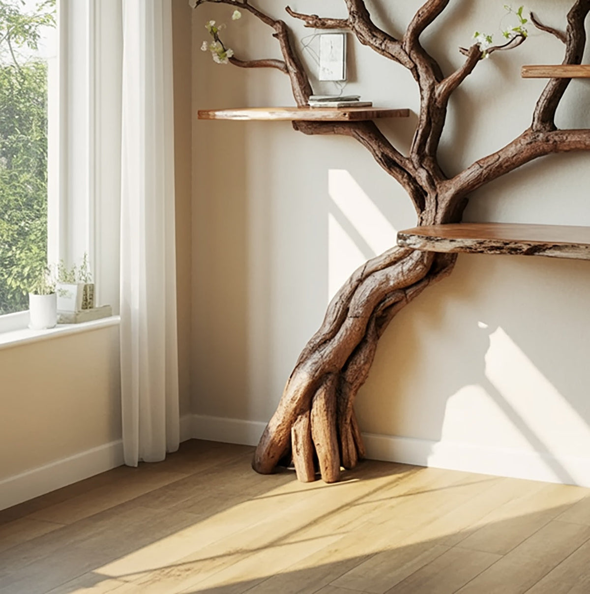 Tree bookshelf artistic wooden base next to a window with warm sunlight