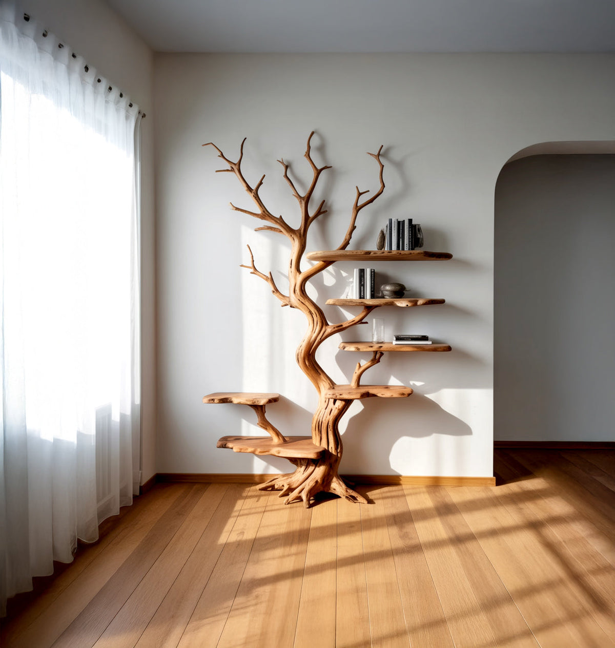 Real tree bookshelf featuring a gnarled trunk and books on a wooden floor