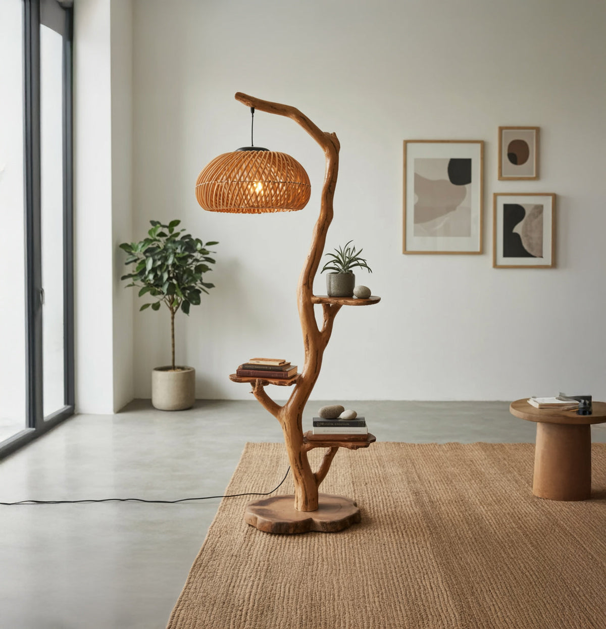 Artistic wooden tree floor lamp with shelves and Japandi design