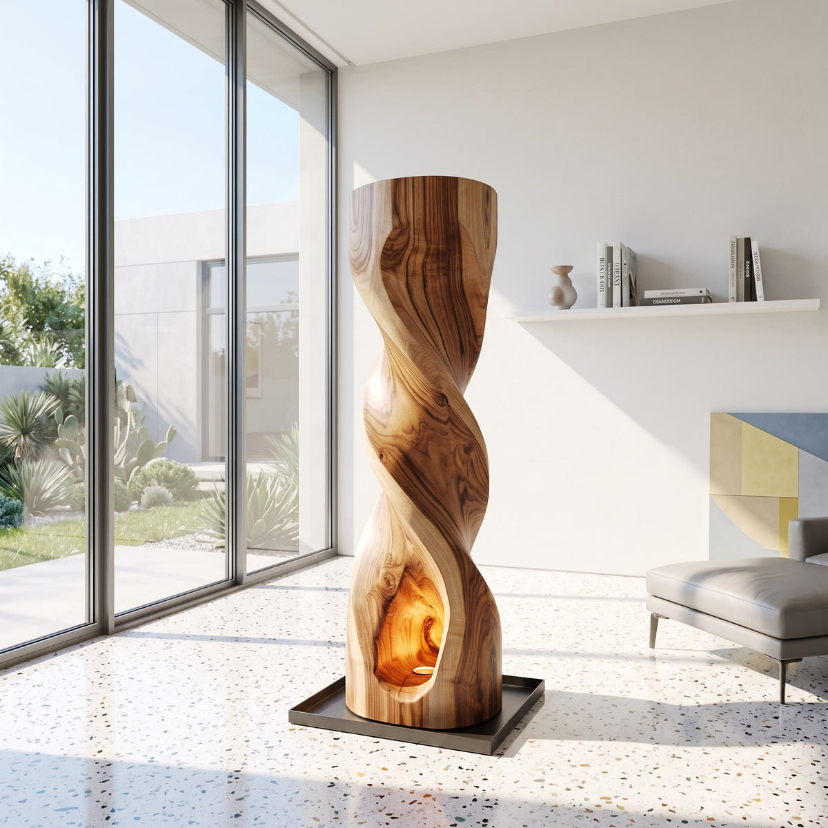 Authentic Hand-Carved Solid Wood Spiral Floor Lamp - Sculptural Ambient Light Pillar