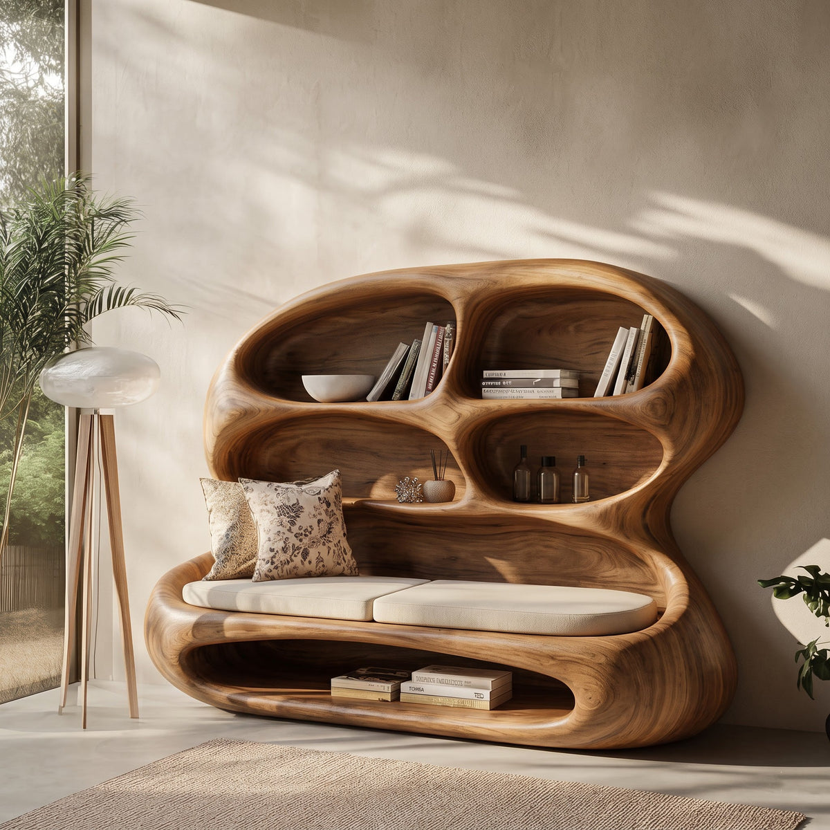 Modern sculptural lounge daybed with built-in bookcase made from natural solid wood