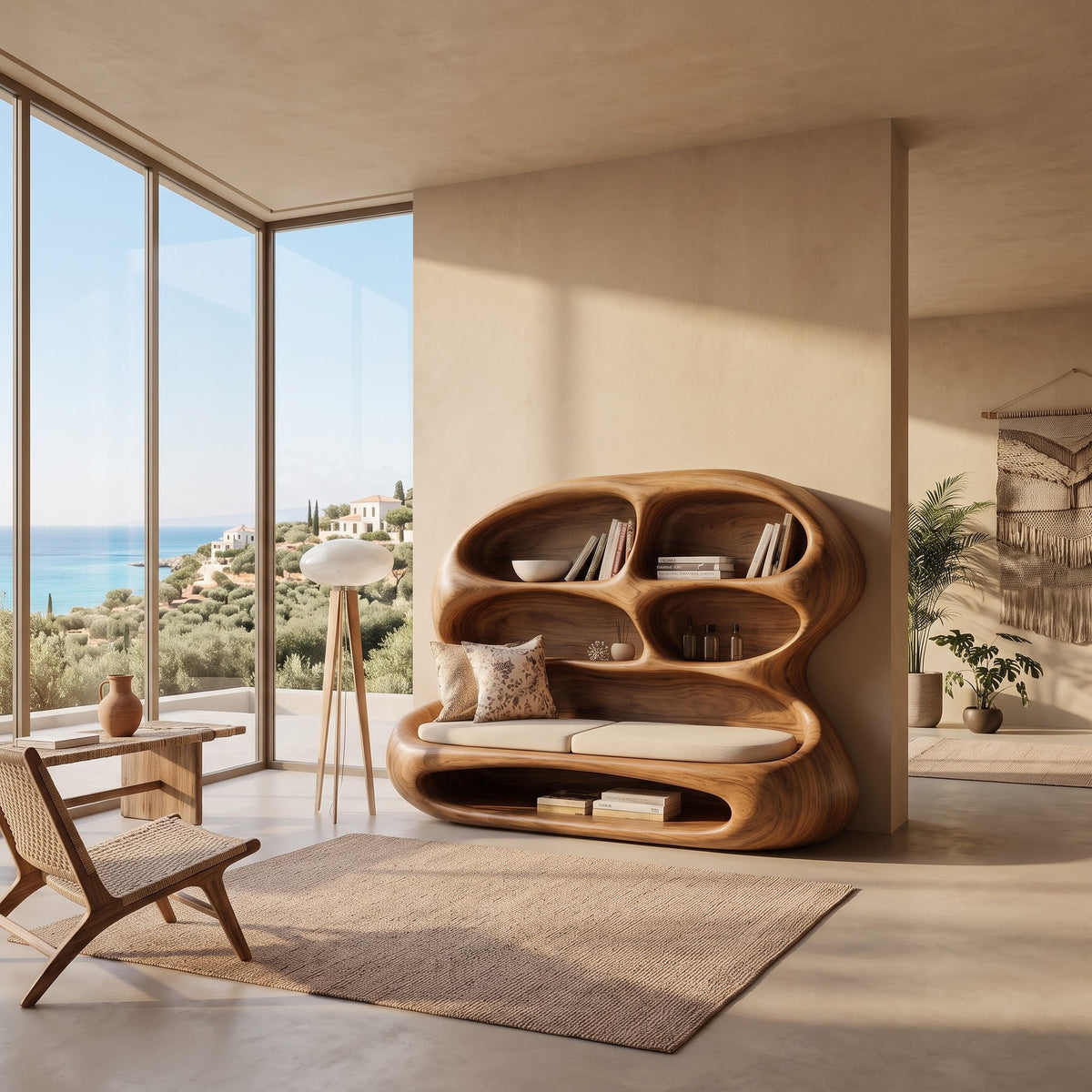 Artisanal natural timber sculptural lounge bench with book display styled in an open-concept study room
