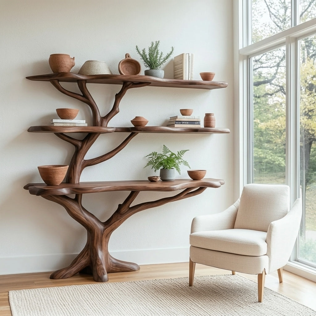 Solid wood tree bookshelf next to a cream armchair and a large window