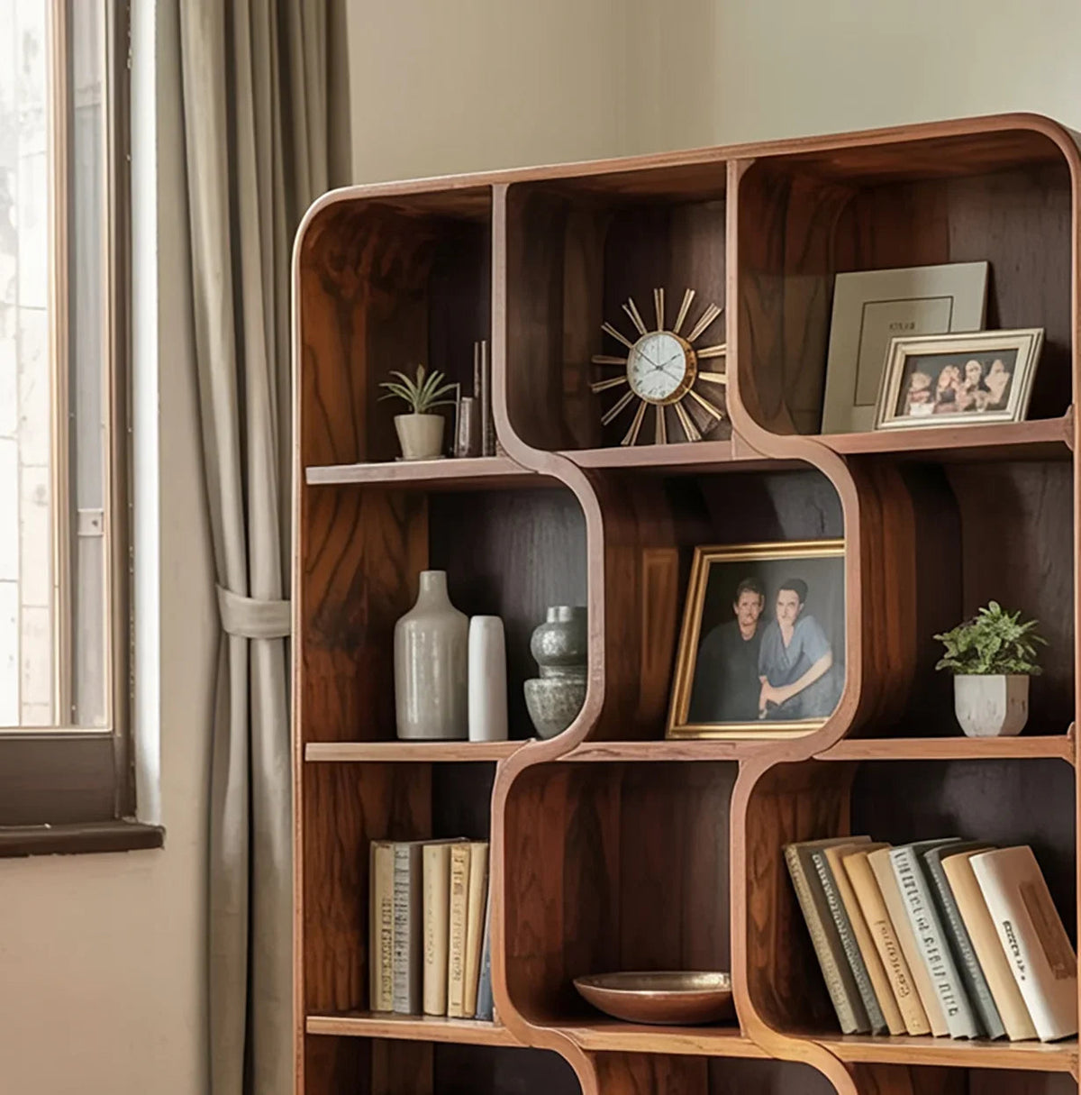 Mid-Century Curved Solid Wood Bookshelf – Organic Modern Display Shelf