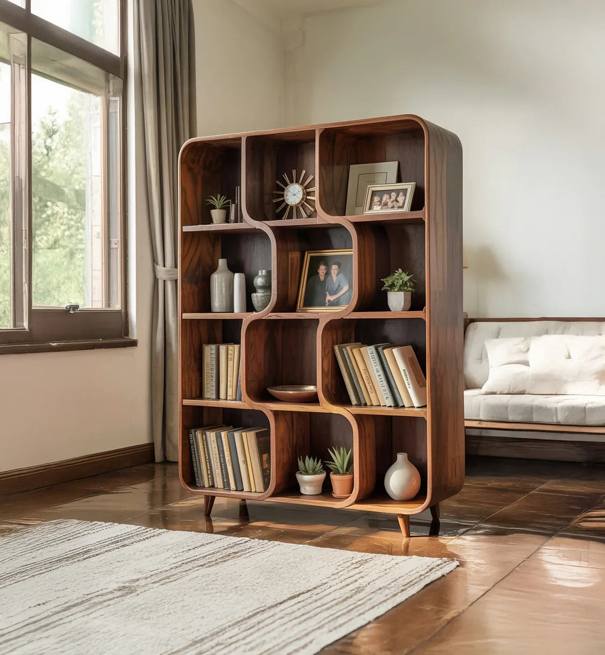 Mid-Century Solid Wood Bookshelves - Organic Modern Curved Display Shelf