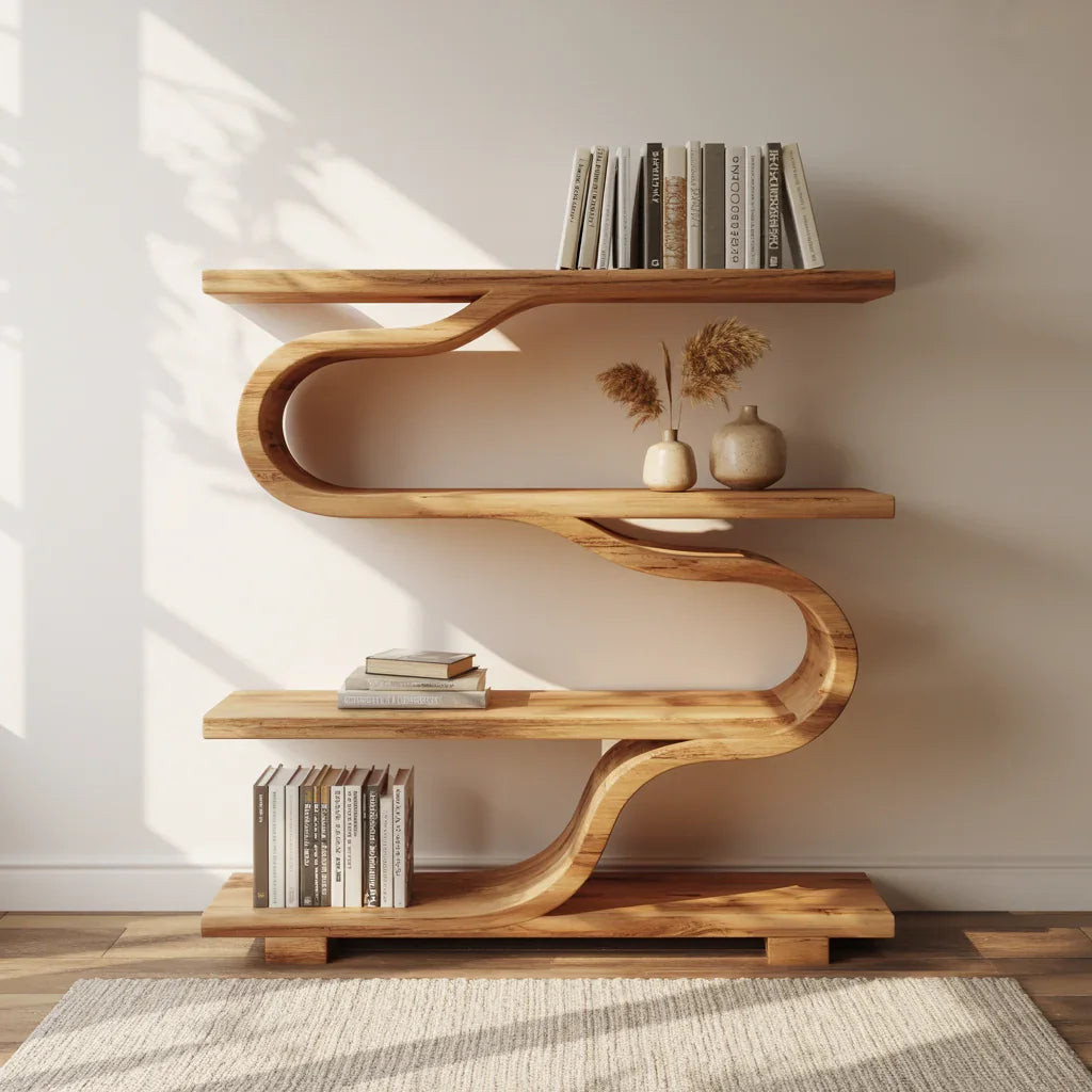 Organic sculptural wood bookshelf with curved design for living room