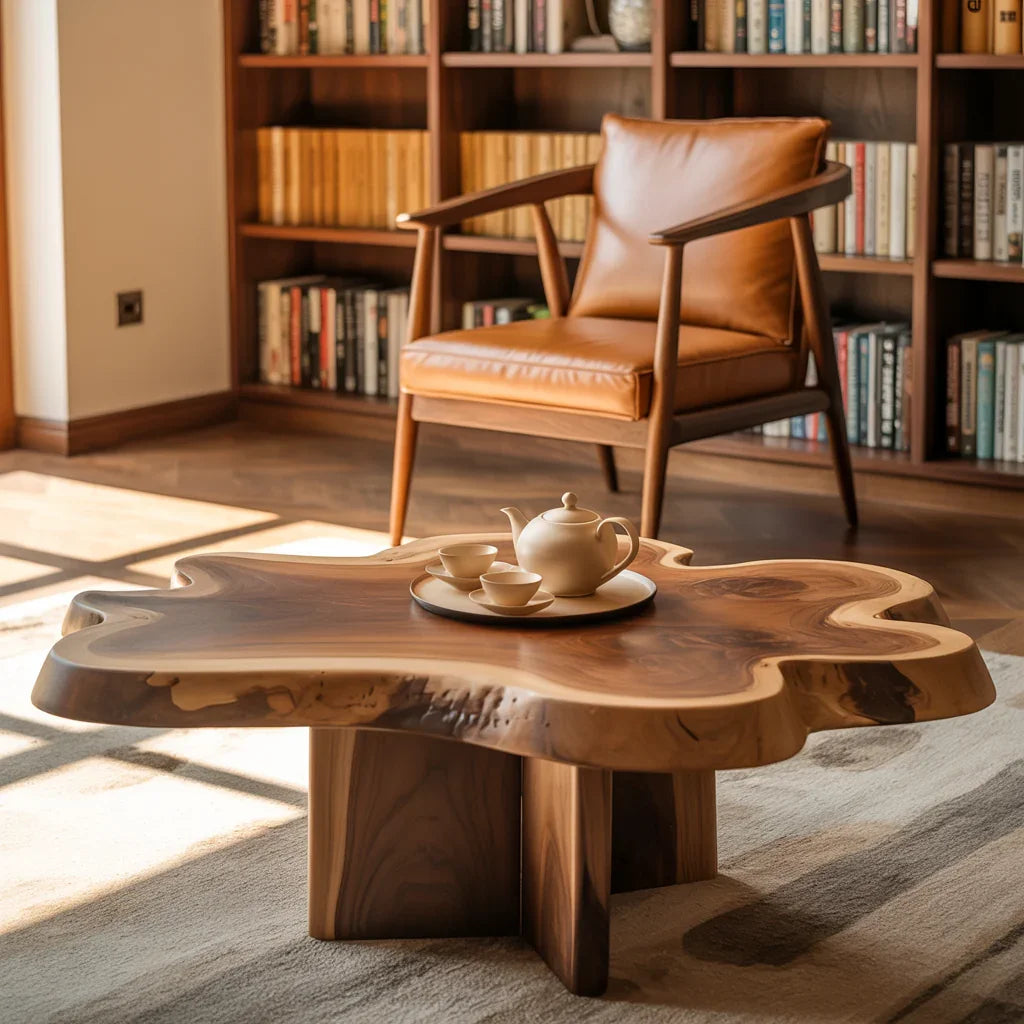 handmade reclaimed wood coffee table with natural live edge in rustic modern living room