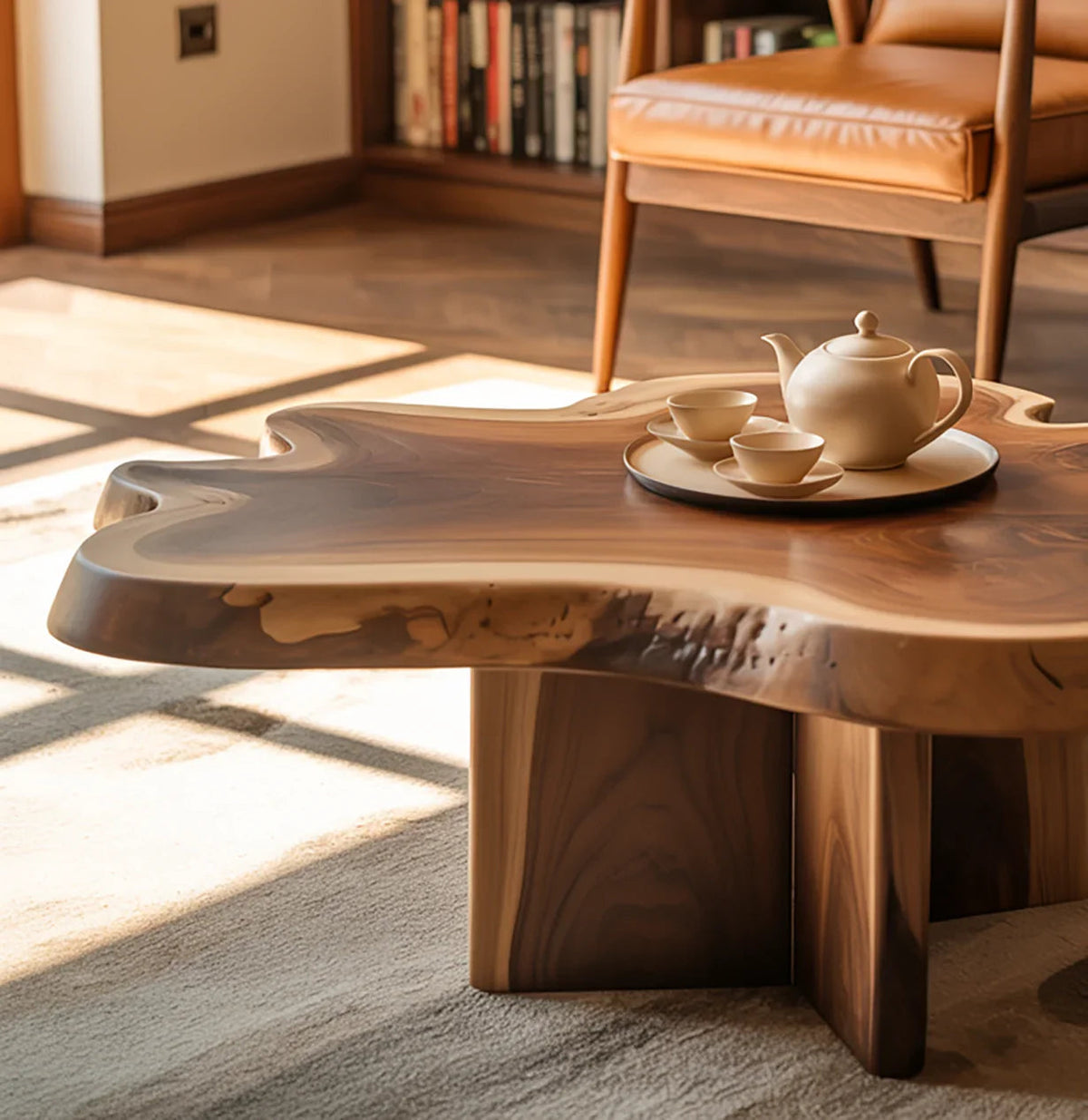 handmade reclaimed wood coffee table with natural live edge in rustic modern living room