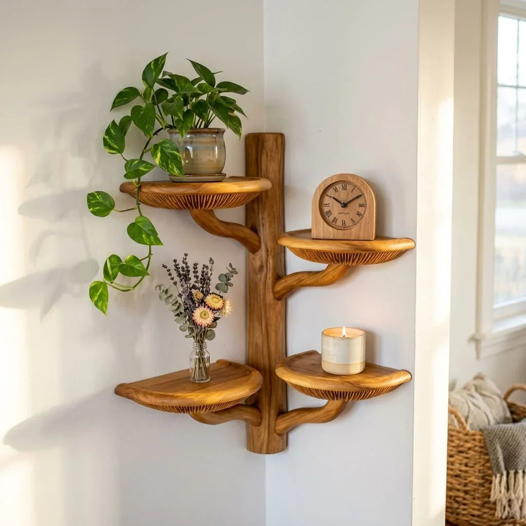 Corner Mushroom Tree Wall Shelf with 4 Wide Bracket Cap Shelves - Handcrafted Solid Wood Corner-Mounted Floating Shelf with Prominent Gill Carving and Branch Trunk - Ashdeco 2026