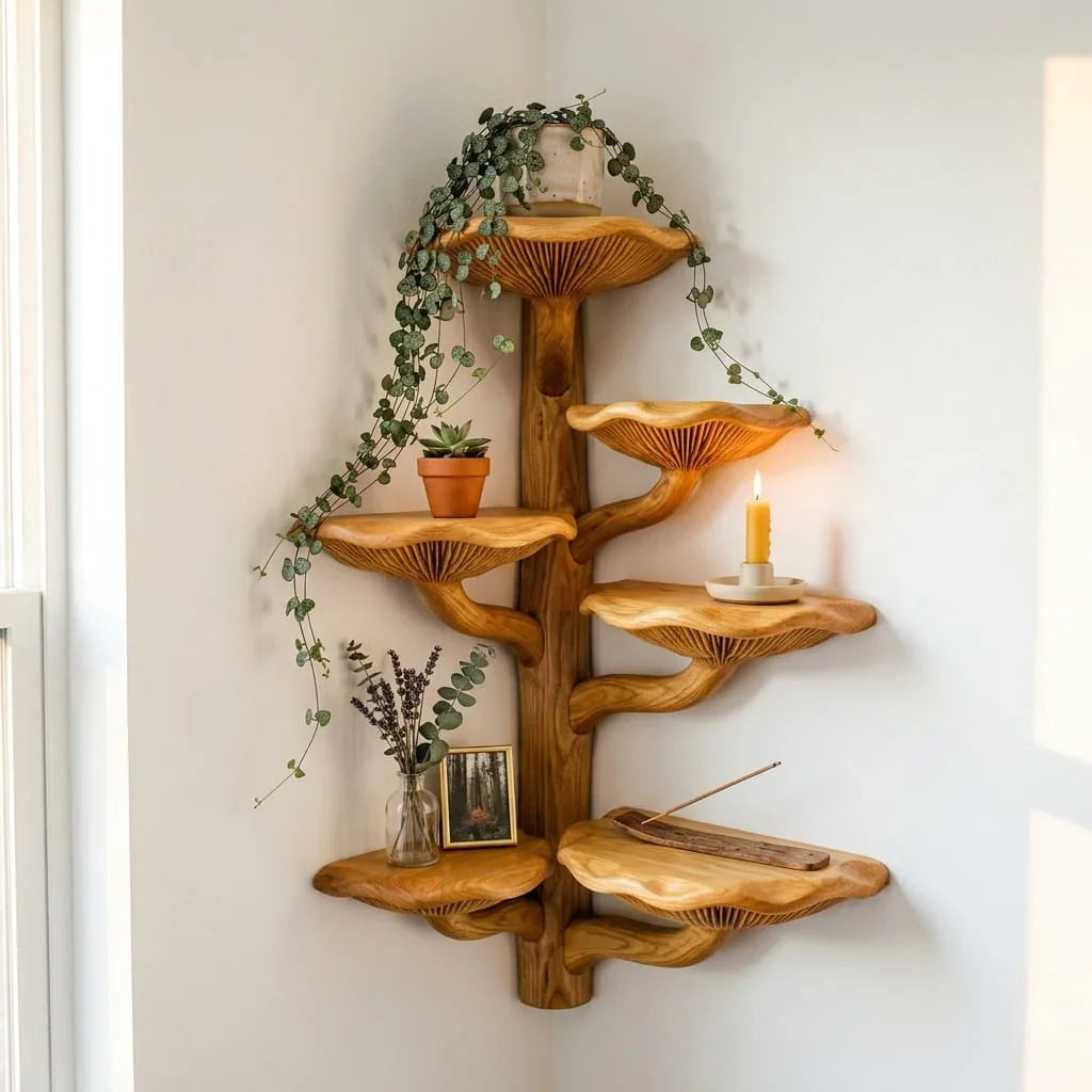 Mushroom Tree Corner Shelf Floor to Ceiling, Handcrafted Solid Wood Vertical Bookshelf with Spiral Mushroom Cap Shelves for Living Room, Bedroom, Reading Nook - Ashdeco 2026