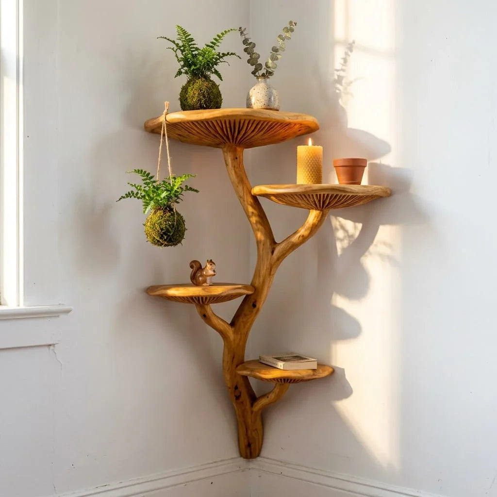 Branching Corner Mushroom Tree Wall Shelf with 4 Wide Fan Platforms and Hanging Hook - Handcrafted Solid Wood Corner-Mounted Floating Shelf with Front-Facing Gill Carving