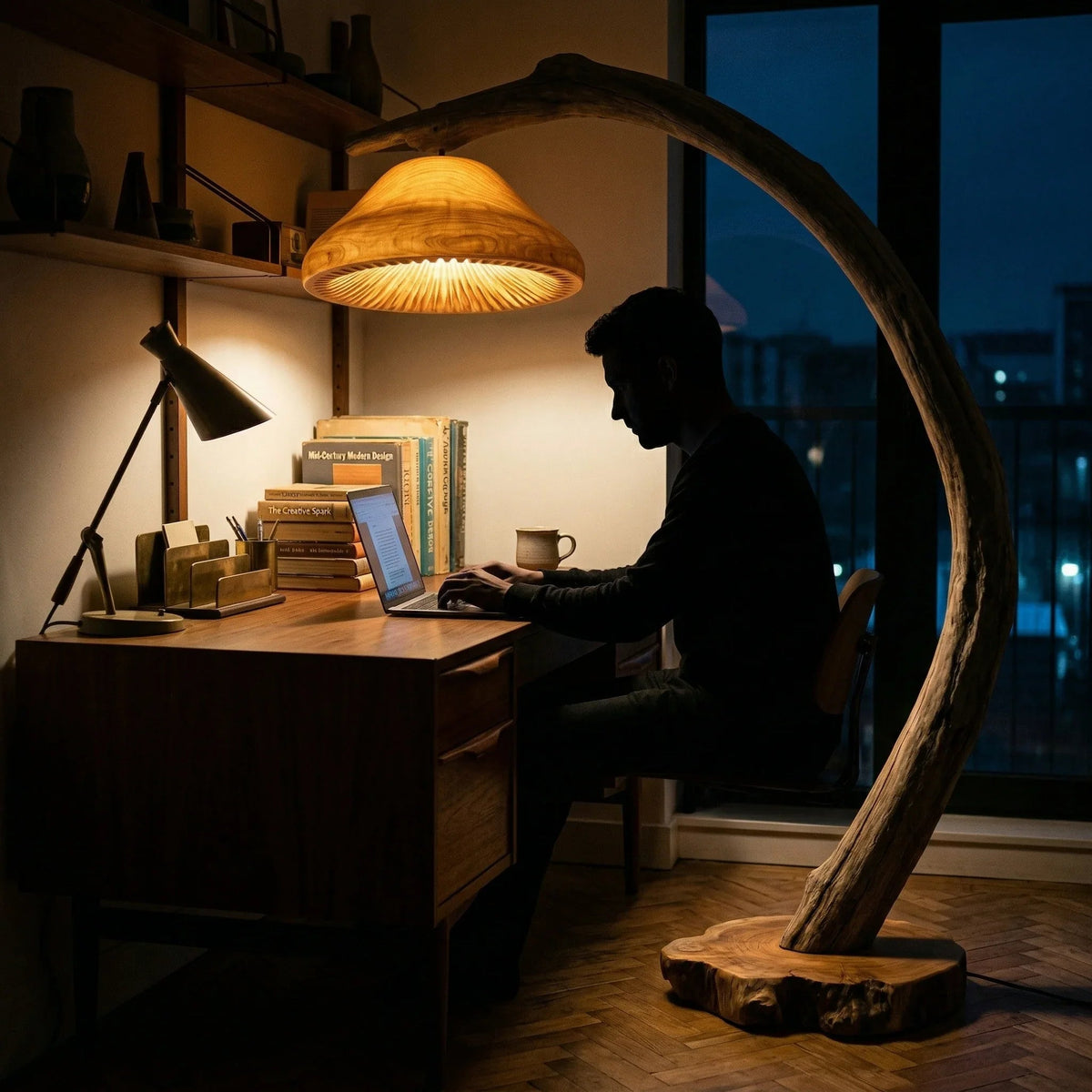 Live edge driftwood mushroom floor lamp with natural wood base beside home office desk