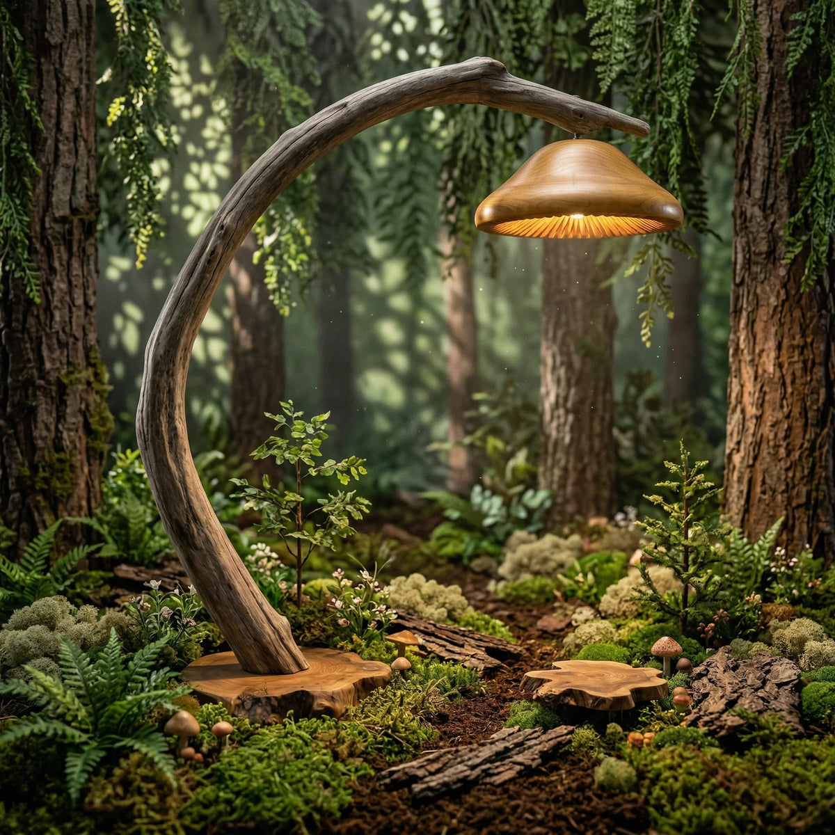 Live edge driftwood mushroom floor lamp with glowing cap on natural wood base in a forest setting