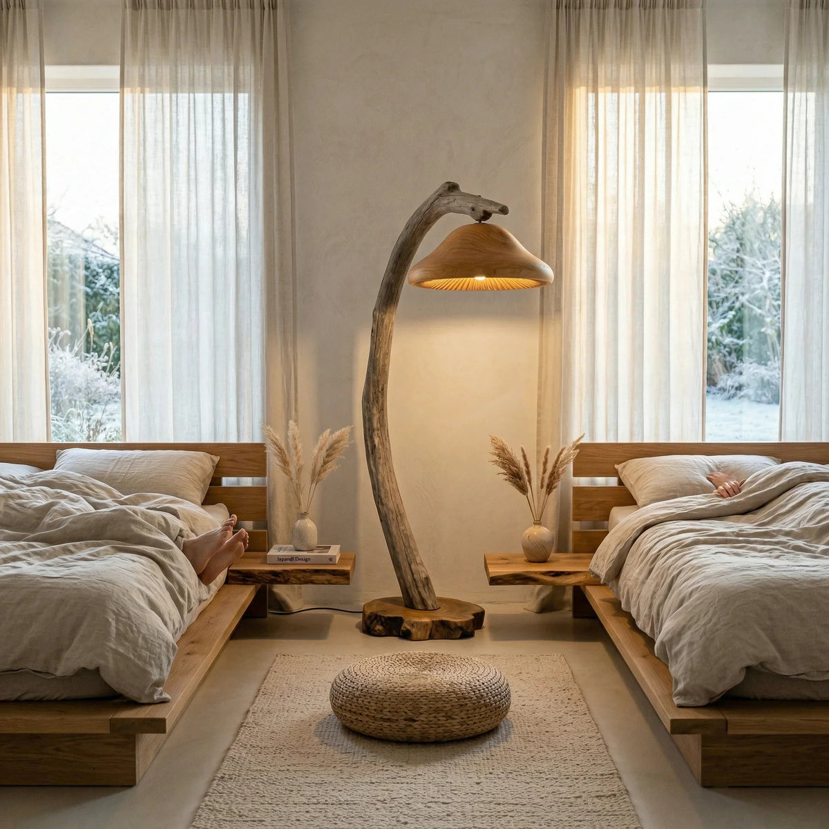Sculptural driftwood floor lamp with mushroom shade and live edge base in cozy modern bedroom