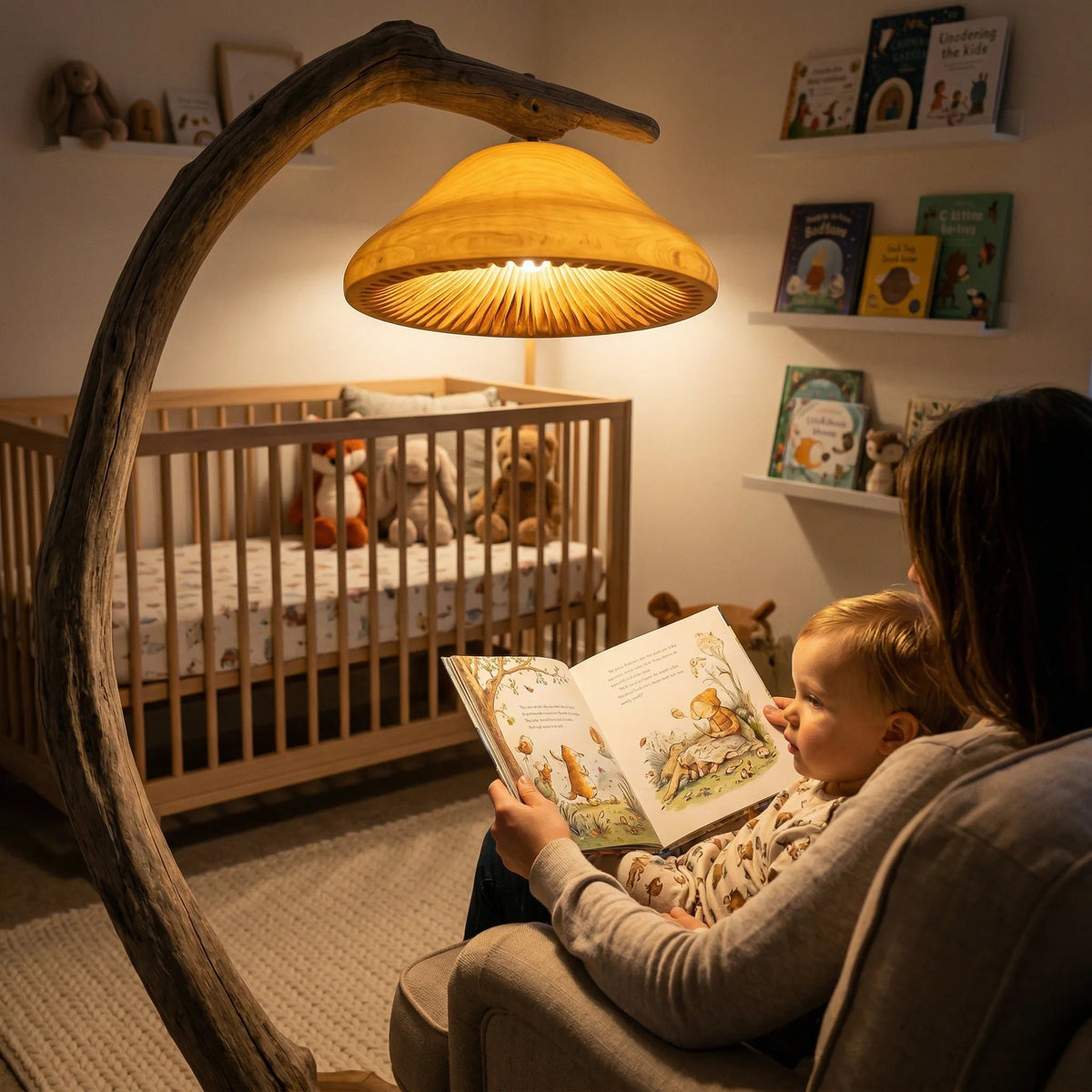Driftwood mushroom floor lamp with live edge wood base glowing in a cozy nursery room