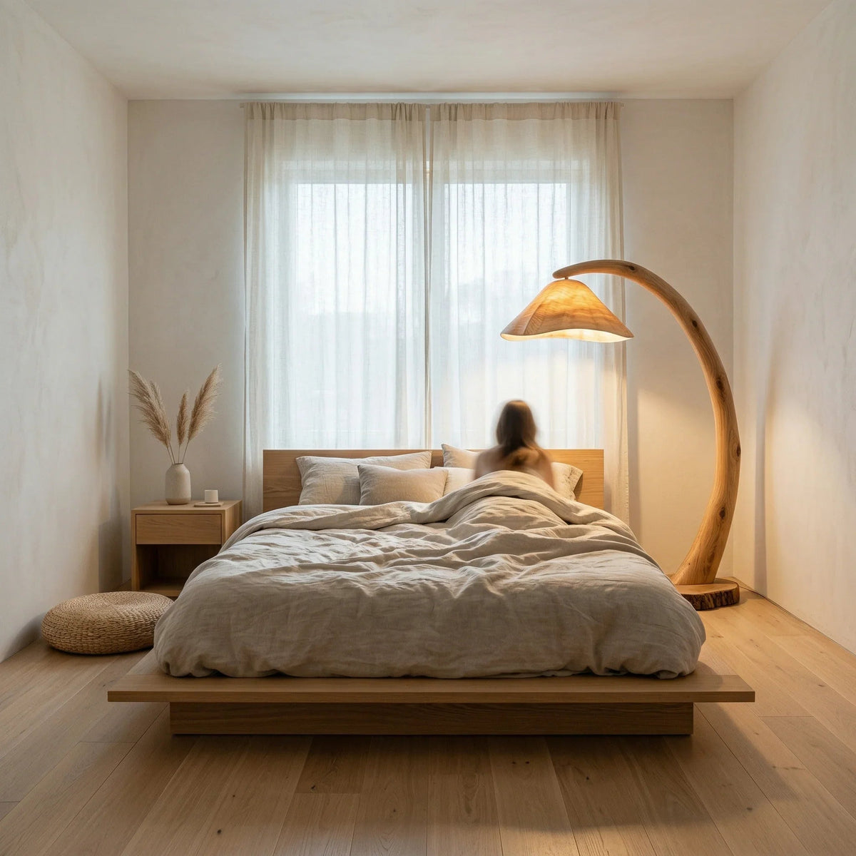 Solid wood mushroom floor lamp with sculpted arc stem and tree stump base in cozy bedroom