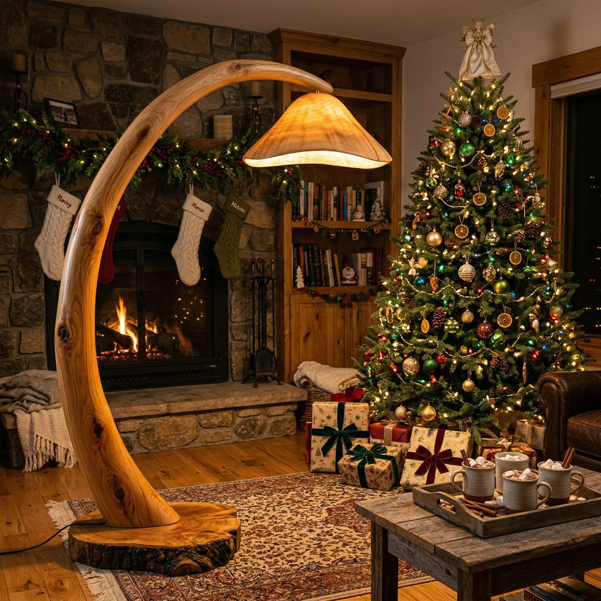 Curved solid wood mushroom floor lamp glowing beside Christmas tree in cozy living room