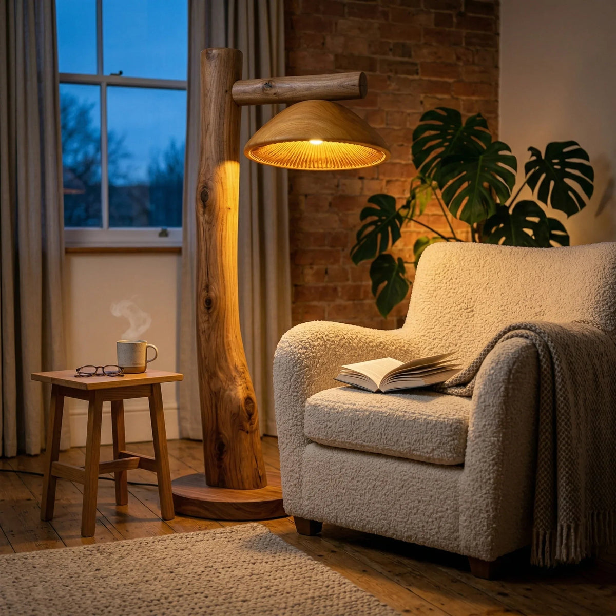Sculpted wood floor lamp with mushroom shade beside cozy armchair in a warm living room