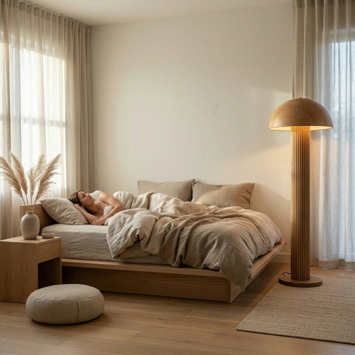 Modern bedroom with sculpted walnut mushroom floor lamp, wooden bed, and neutral decor