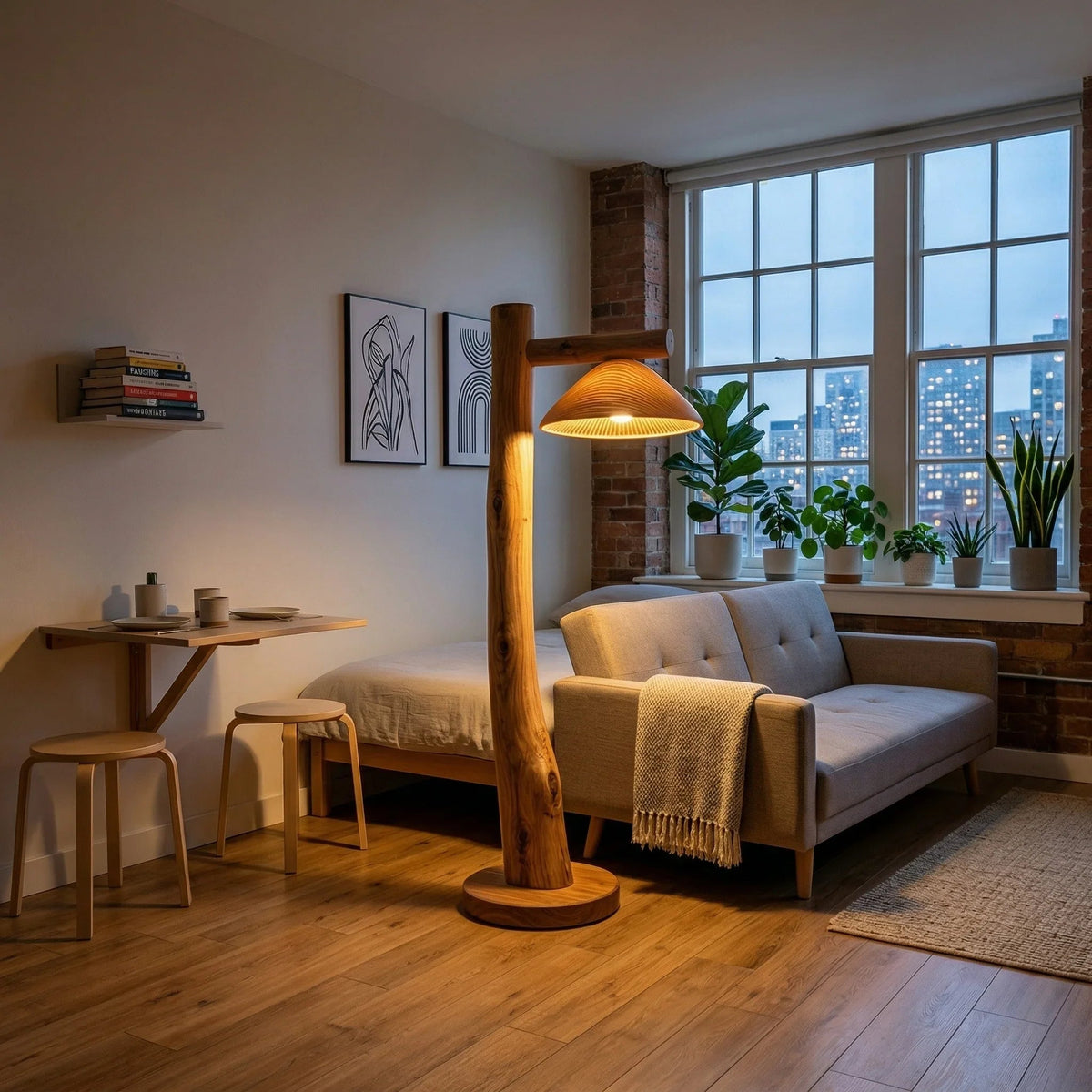 Modern living room with wood floor lamp, sculpted log stem, mushroom shade, sofa, and plants