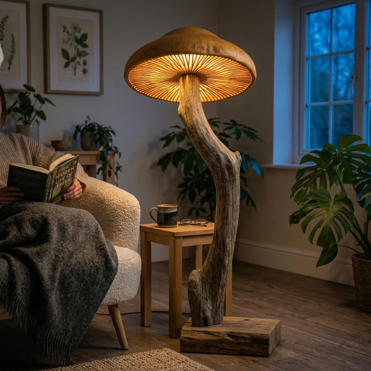 Curved driftwood mushroom floor lamp with wide cap and glowing gills on wood base in cozy living room.