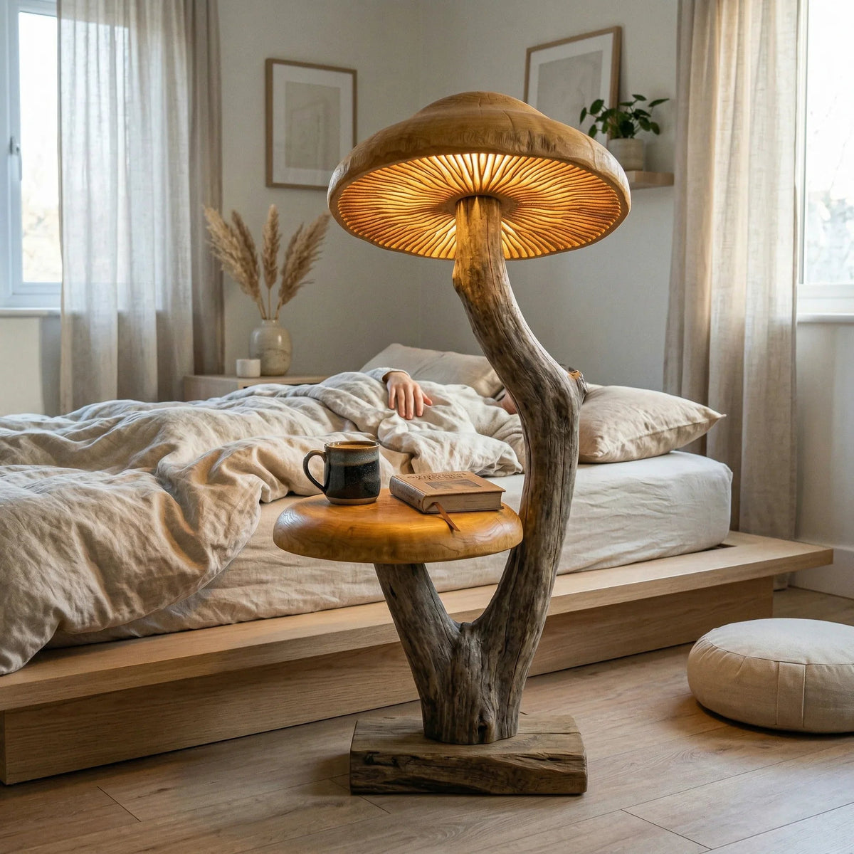 Curved driftwood mushroom floor lamp with wide illuminated cap and natural wood base beside a bed
